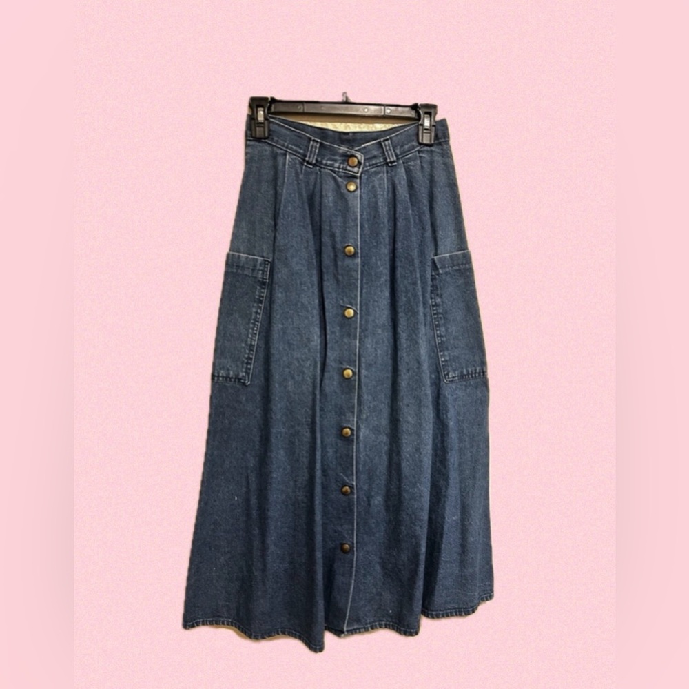 High Waisted Button-Front Dark Blue Denim Midi Skirt